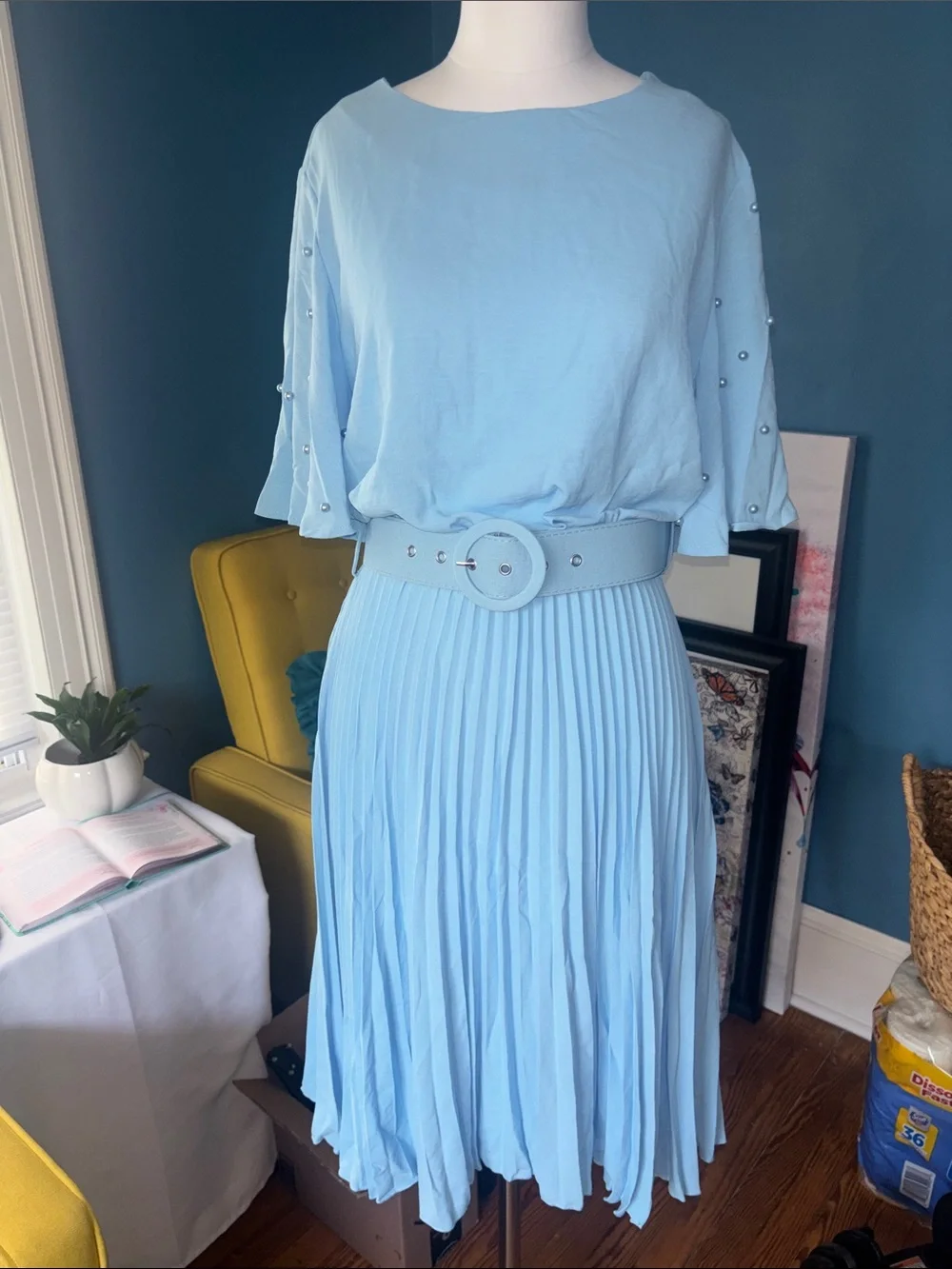 Light Blue Pearl-Embellished Pleated Midi Set